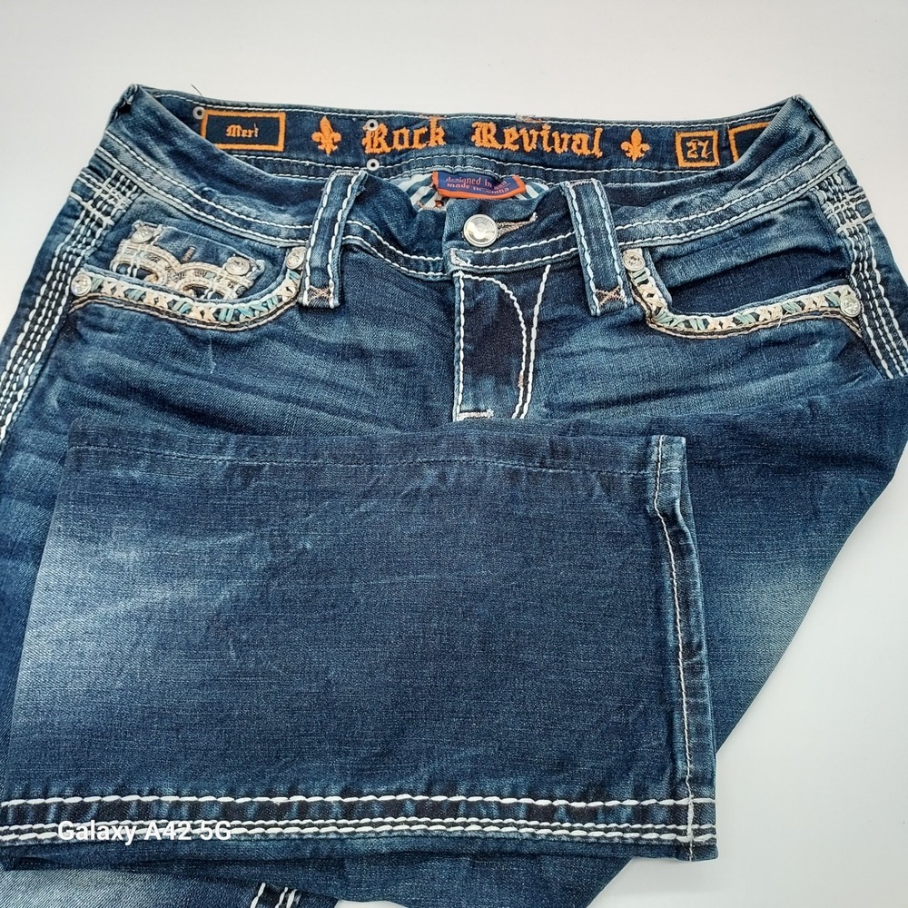 Rock Revival Meri Crop Dark Wash Embroidered Bootcut Jean Women 27 Crystal Fleur